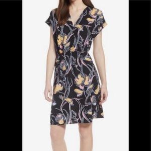Black-Yellow Floral Faux Wrap Front Dress